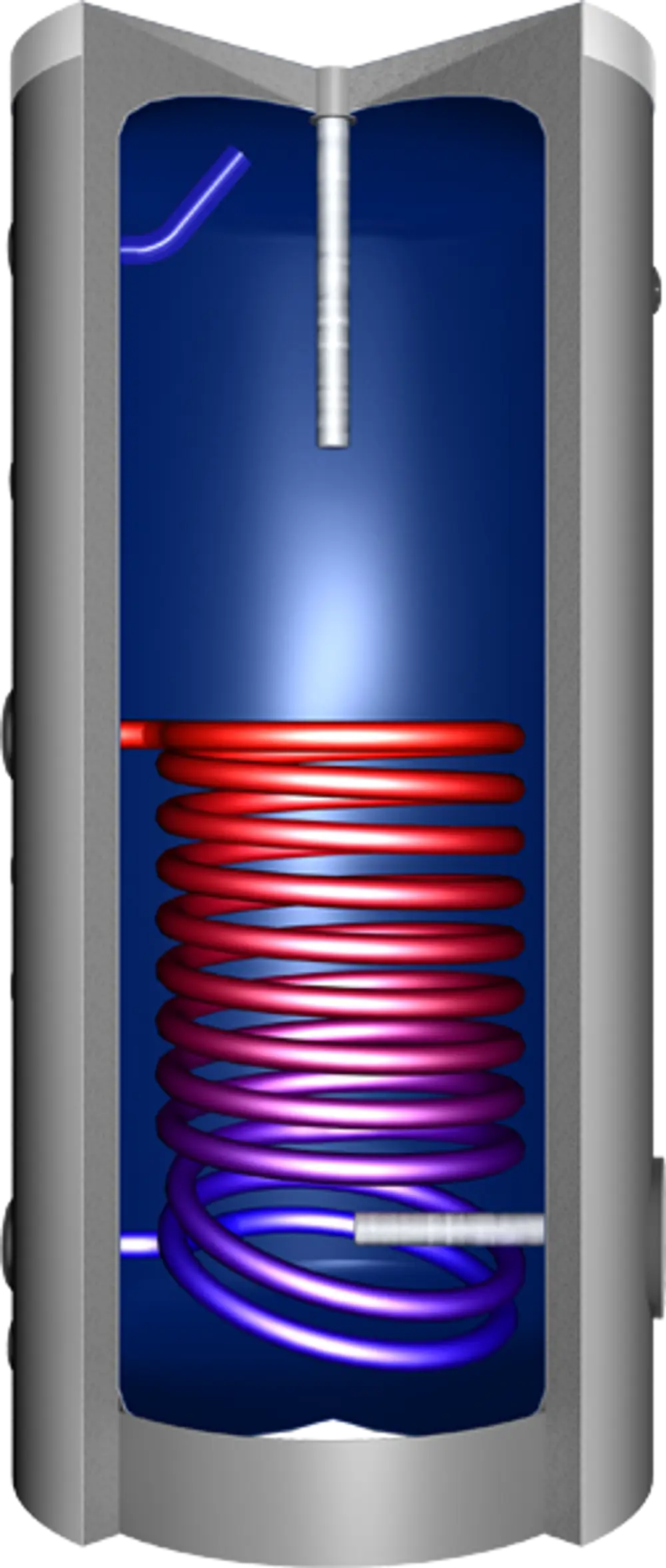 Brauchwasserwärmespeicher von Juratherm mit einem roten und lila Spiralkreislauf im Inneren, montiert in einem zylindrischen Gehäuse.
